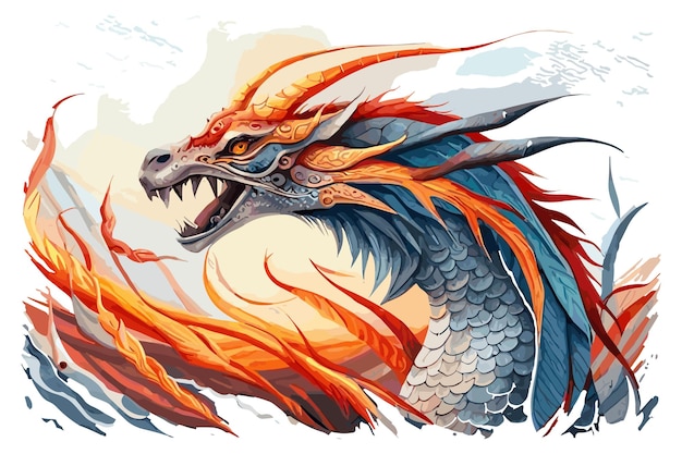 Un dragon aquarelle avec une tête bleue et une queue bleue est en flammes