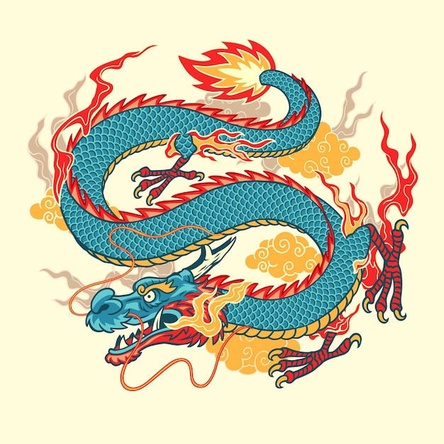 Dragon asiatique féroce volant au-dessus d'un nuage avec une illustration dessinée à la main de feu