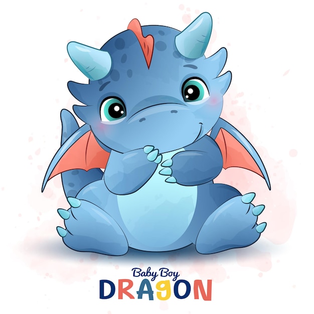 Vecteur un dragon bleu bébé est assis sur un fond rose avec les mots dragon bébé garçon.