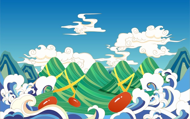 Dragon Boat Festival Avec Des Boulettes De Riz Dans La Mer Et Des Dragons Dans L'illustration Vectorielle Du Ciel