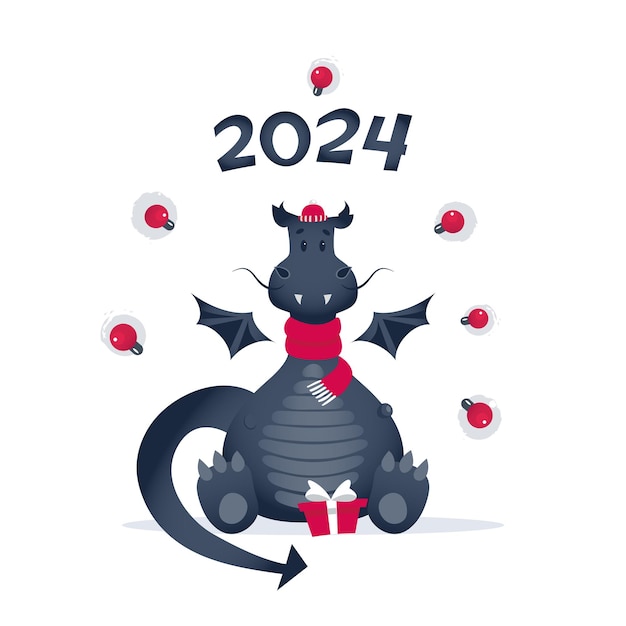 Vecteur dragon chinois mignon pour le nouvel an 2024. reptile portant un chapeau et une écharpe d'hiver.