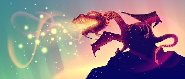 Vecteur dragon cracheur de feu fantastique sur un rocher avec flamme rougeoyante