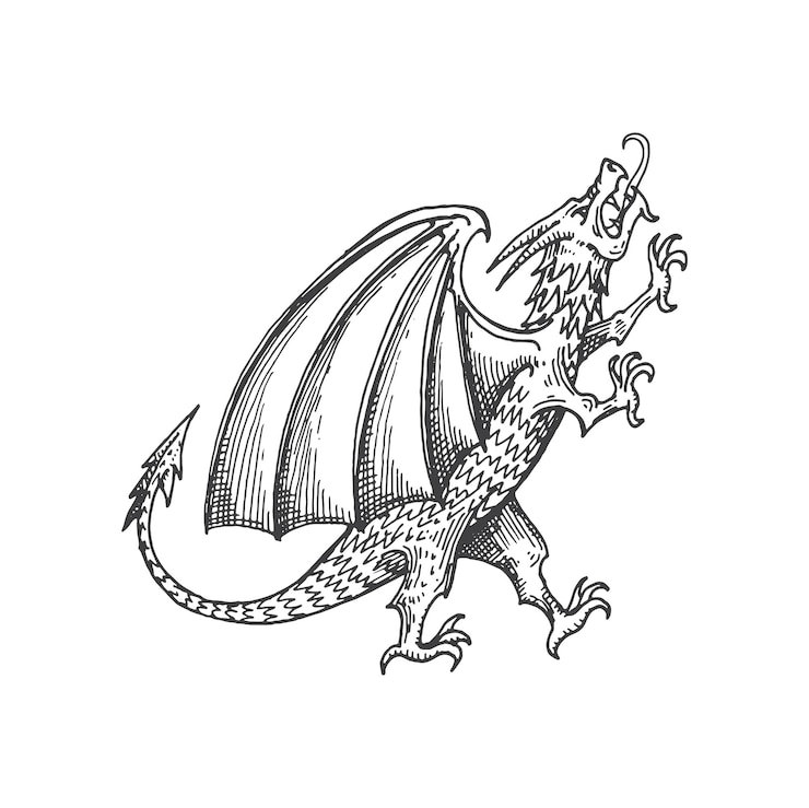 Vecteur dragon croquis de monstre animal héraldique médiéval mythologie animale mythique dragon ailé ou bête magique signe vectoriel médiéval héraldique emblème dessiné à la main ou armoiries royales symbole animal légendaire