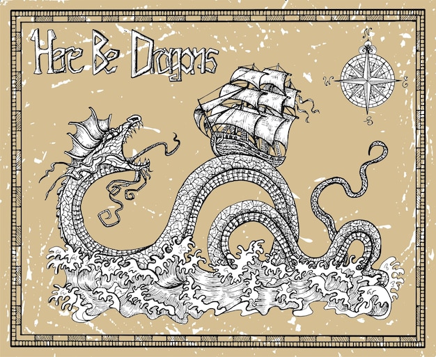 Un Dragon Effrayant Et Un Navire Avec Une Boussole, Des Vagues De Mer Et Le Titre Here Be Dragons