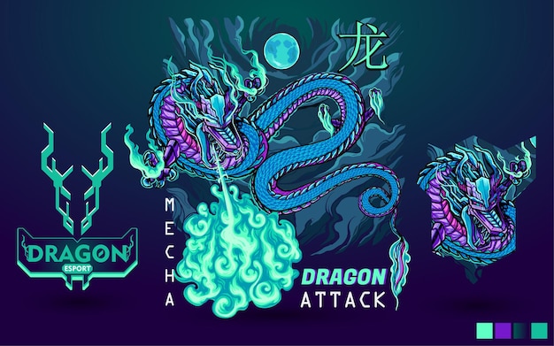 Dragon Mécanique Attaquant Avec Des Rafales De Feu Parfait Pour L'impression De Chemises Et De Logos Esport