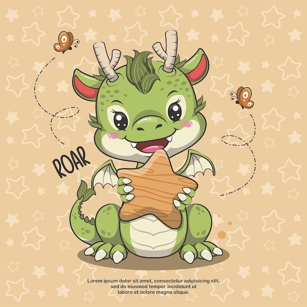 Dragon mignon avec étoile en bois et illustration de dessin animé vectoriel papillon