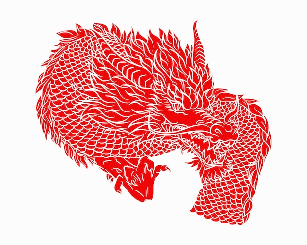 Dragon Traditionnel Chinois Ou Japonais Rouge Solide Dans Le Style Dessiné à La Main Isolé Sur Fond Blanc