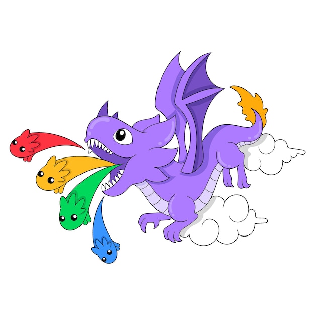 Vecteur le dragon violet vole tout en crachant l'image d'icône de doodle d'énergie vitale kawaii