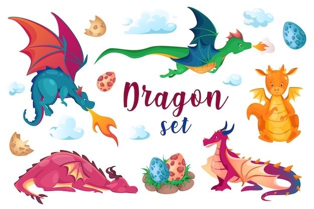 Vecteur dragons en style cartoon définir des éléments isolés illustration vectorielle