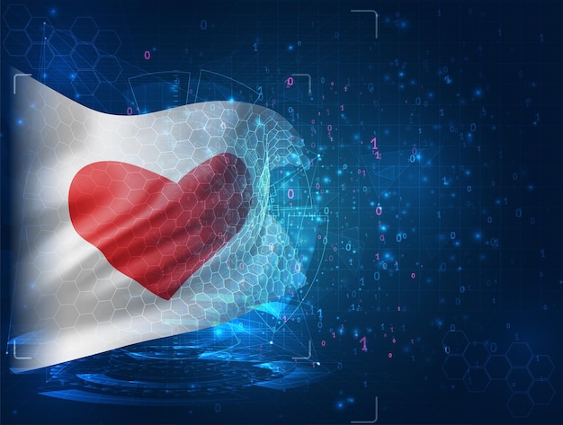 Drapeau 3d de vecteur de coeur et d'amour sur le fond bleu avec des interfaces de hud