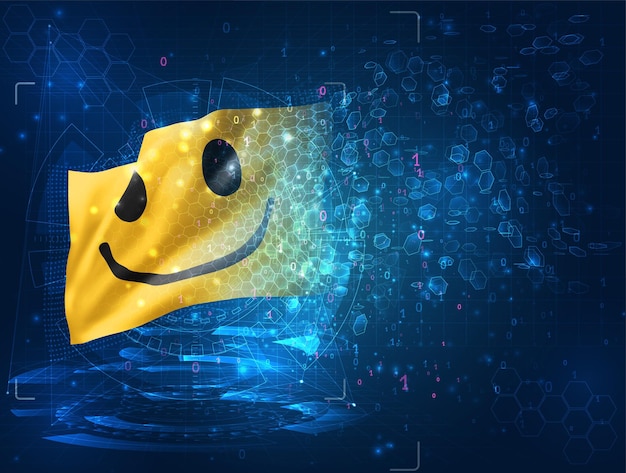 Drapeau 3d De Vecteur De Sourire Jaune Gai Sur Le Fond Bleu Avec Des Interfaces De Hud