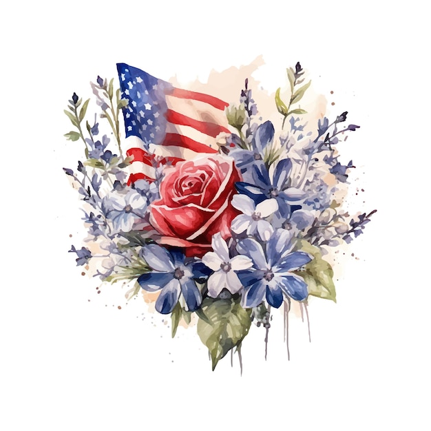 Vecteur drapeau américain avec des fleurs jour de l'indépendance des états-unis 4 juillet illustration à l'aquarelle