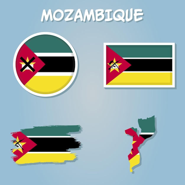 Vecteur drapeau et armoiries nationales de la république du mozambique superposées sur une carte détaillée isolée