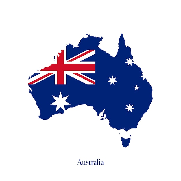 Drapeau Australien Sur La Carte De L'australie Isolé Sur Fond Blanc