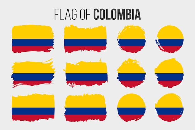 Drapeau colombien Illustration coup de pinceau et drapeaux grunge de Colombie isolés sur blanc