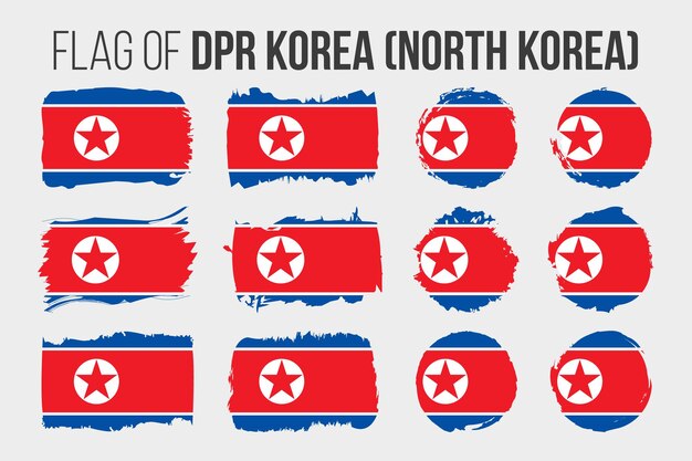 Drapeau de la Corée du Nord ou de la RPD de Corée Coup de pinceau et drapeaux grunge de la Corée du Nord isolés sur blanc