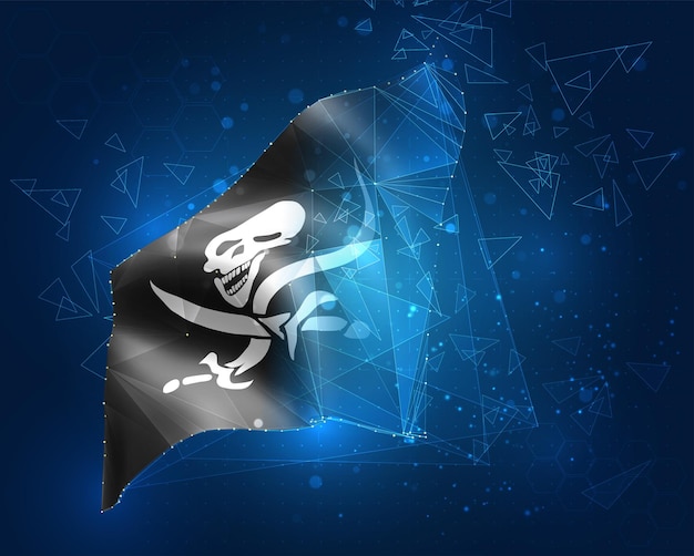 Drapeau de crâne de pirate, objet 3D abstrait virtuel de polygones triangulaires sur fond bleu