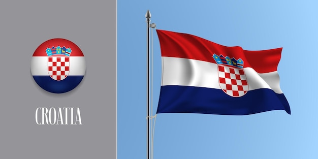 Drapeau De La Croatie Sur Mât Et Illustration Vectorielle Icône Ronde. Maquette 3d Réaliste Des Rayures Du Drapeau Croate Et Du Bouton Cercle