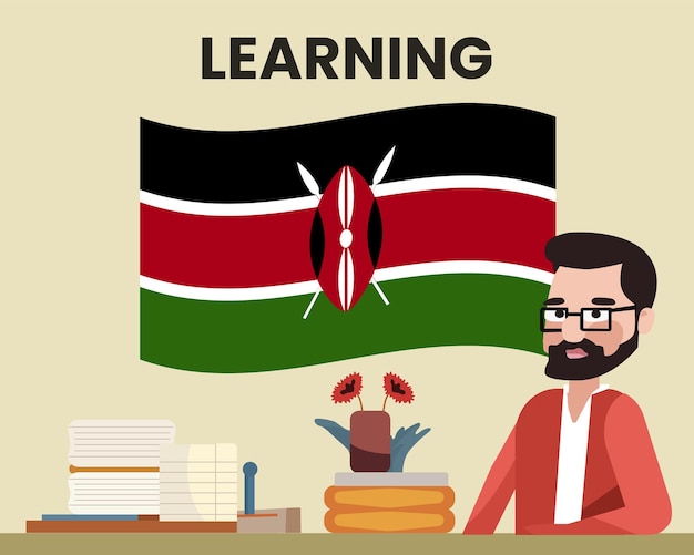 Drapeau du Kenya avec un enseignant masculin apprenant ou enseignant le concept d'école de langue du Kenya