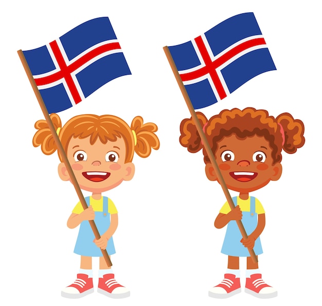 Vecteur drapeau de l'islande en main. enfants tenant un drapeau. drapeau national de l'islande