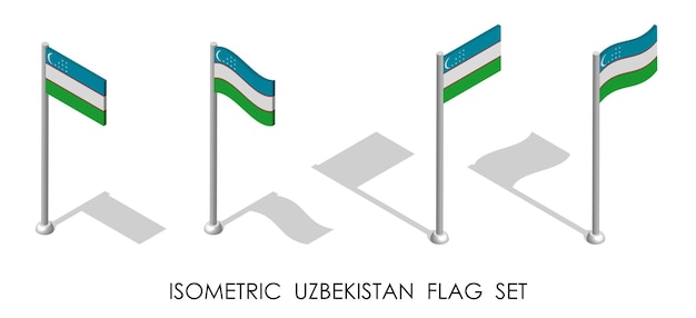Vecteur drapeau isométrique de l'ouzbékistan en position statique et en mouvement sur le mât du drapeau vecteur 3d