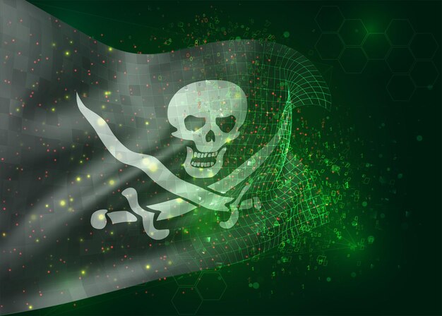 Drapeau de maillage vectoriel 3D d'un crâne de pirate sur fond noir avec des polygones et des numéros de données