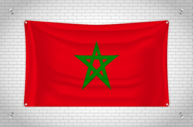 Vecteur drapeau marocain accroché au mur de briques. dessin 3d. drapeau accroché au mur. dessiner proprement en groupes