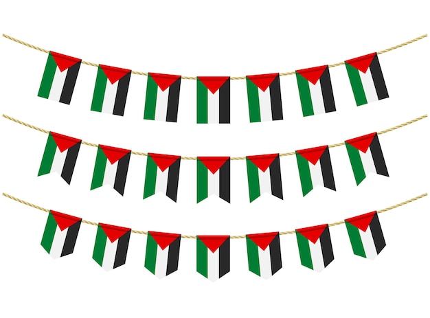 Drapeau De La Palestine Sur Les Cordes Sur Fond Blanc. Ensemble De Drapeaux Patriotiques. Bunting Décoration Du Drapeau De La Palestine