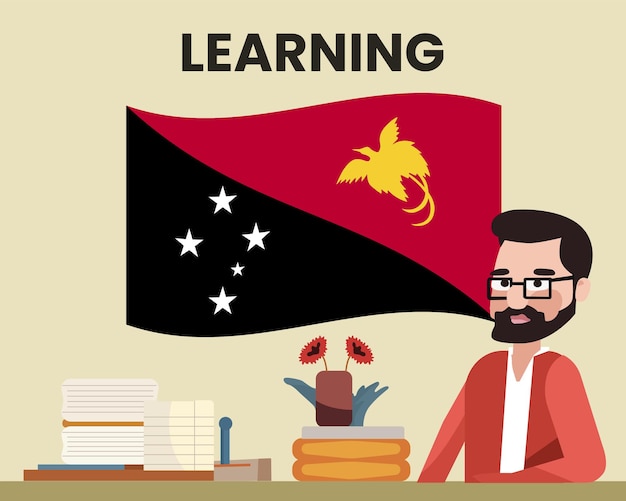 Drapeau de Papouasie-Nouvelle-Guinée avec un enseignant de sexe masculin apprenant ou enseignant le concept d'école de langue de Papouasie