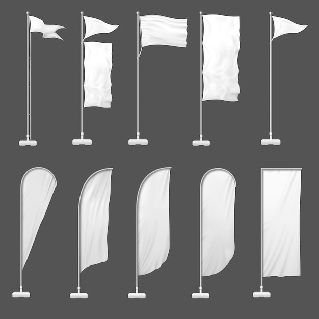Vecteur drapeau de plage. bannière extérieure sur mât de drapeau, stand drapeaux vierges et illustration de modèle de bannières en bord de mer publicitaire vide