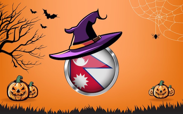 drapeau rond du népal avec bannière Happy Halloween ou fond d'invitation à une fête chauves-souris araignées et citrouilles fond orange