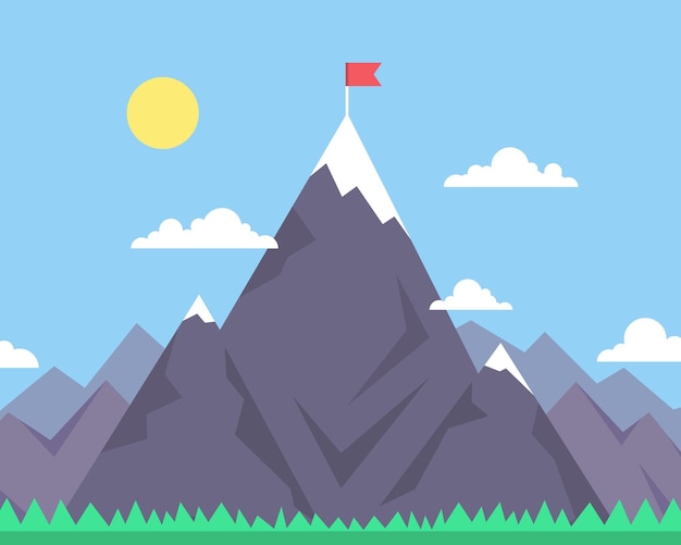 Drapeau Rouge Sur Un Sommet De Montagne Concept De Réussite Commerciale Illustration Vectoriellexa