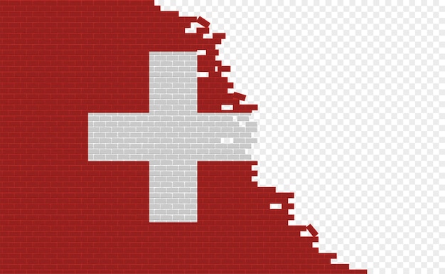 Drapeau De La Suisse Sur Le Mur De Briques Cassées. Champ De Drapeau Vide D'un Autre Pays. Comparaison De Pays.