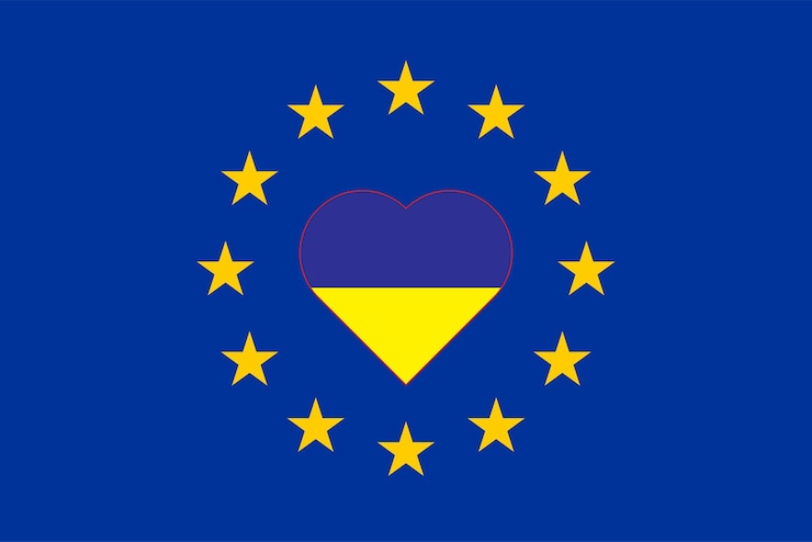 Vecteur drapeau de l'ukraine en forme de cœur sur le fond du drapeau del'union européenne