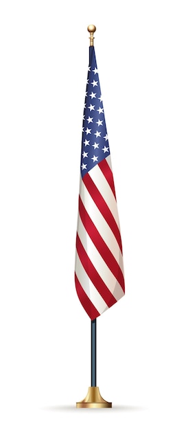 Drapeau USA sur stand isolé sur blanc. Drapeau des États-Unis d'Amérique sur un mât.