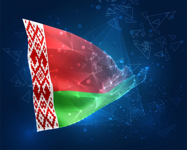 Drapeau vectoriel de Biélorussie objet 3D abstrait virtuel à partir de polygones triangulaires sur fond bleu
