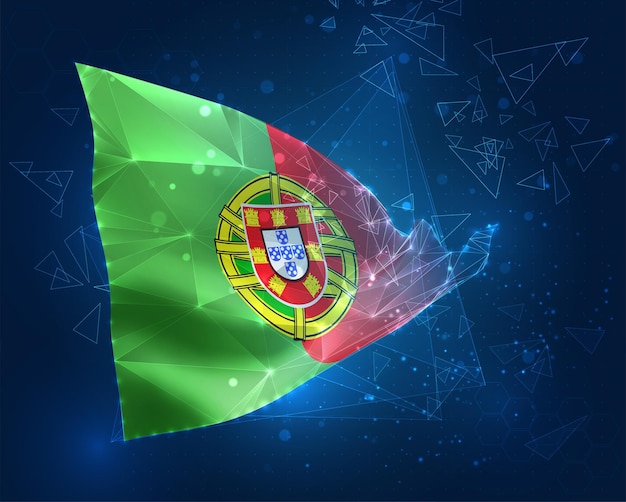 Drapeau vectoriel du Portugal Objet 3D abstrait virtuel à partir de polygones triangulaires sur fond bleu