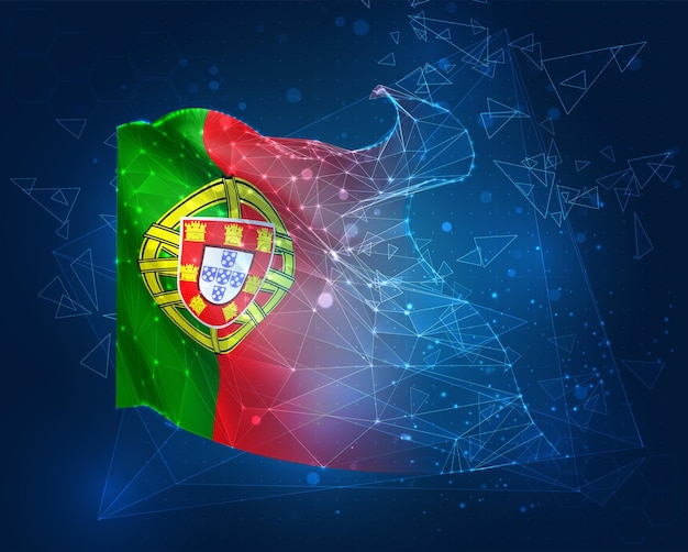 Drapeau vectoriel du Portugal Objet 3D abstrait virtuel à partir de polygones triangulaires sur fond bleu