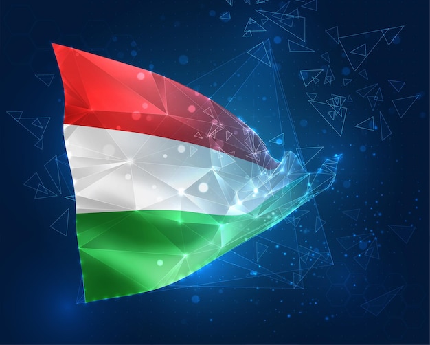 Drapeau vectoriel de Hongrie objet 3D abstrait virtuel à partir de polygones triangulaires sur fond bleu