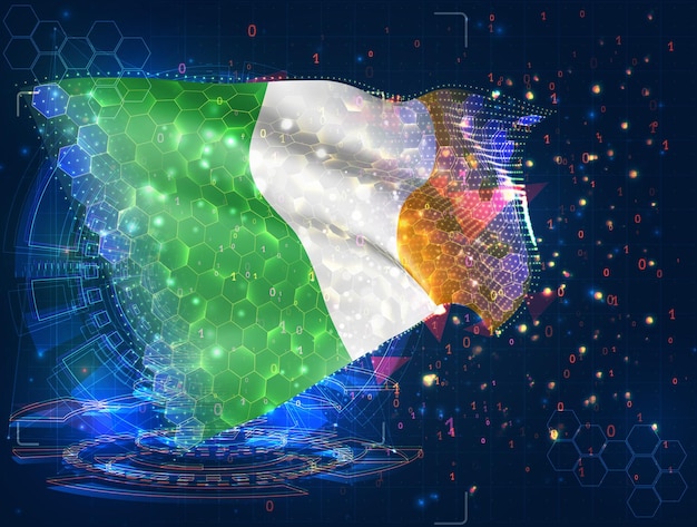 Drapeau vectoriel de l'Irlande objet 3D abstrait virtuel à partir de polygones triangulaires sur fond bleu