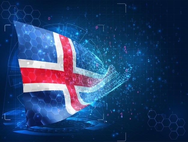 Drapeau vectoriel de l'Islande Objet 3D abstrait virtuel à partir de polygones triangulaires sur fond bleu