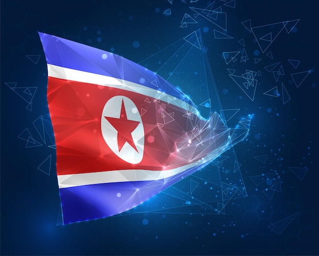 Drapeau vectoriel de la République populaire démocratique de Corée Objet 3D abstrait virtuel à partir de polygones triangulaires sur fond bleu