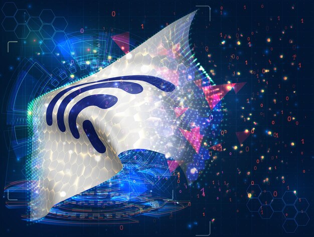 Drapeau vectoriel WiFi objet 3D abstrait virtuel à partir de polygones triangulaires sur fond bleu