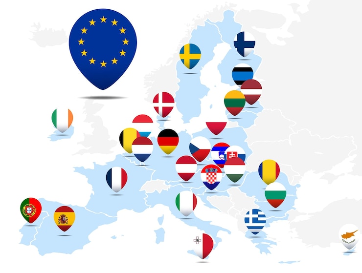 Vecteur drapeaux d'adhésion à l'union européenne sur la carte de l'europe