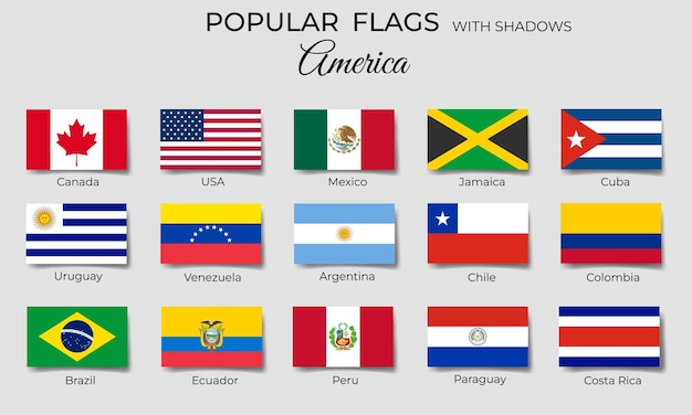 Des drapeaux américains avec des ombres des drapeaux rectangulaires de l'Amérique des icônes plates du Mexique de l'Équateur du Pérou du Brésil