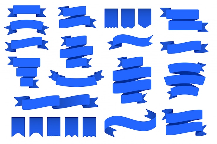 Vecteur drapeaux et bannières de ruban bleu. bannière en forme de drapeau, ruban de décoration et ensemble plat d'insigne incurvé. collection de fanions, étiquettes et banderoles. banderole, objets en forme de drapeau. décoration de fête et de vacances