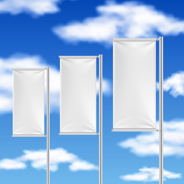 Vecteur drapeaux blancs et ciel bleu. modèle de publicité d'événement de plage.
