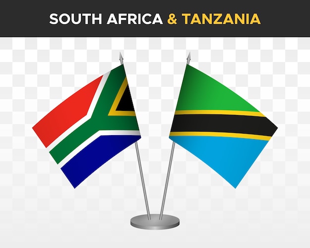 Drapeaux De Bureau De L'afrique Du Sud Contre La Tanzanie Mockup Isolé 3d Drapeaux De Table D'illustration Vectorielle