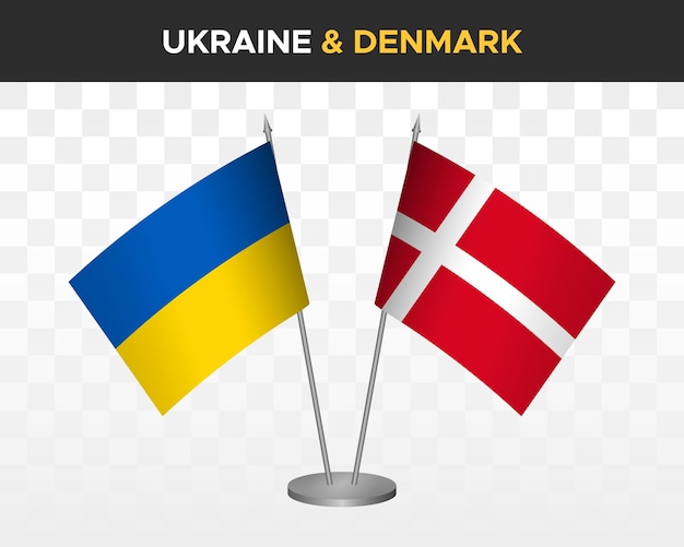 Drapeaux de bureau de l'Ukraine et du Danemark isolés sur des drapeaux de table d'illustration vectorielle 3d blancs