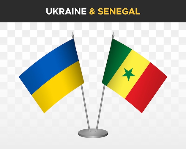 Drapeaux de bureau de l'Ukraine et du Sénégal isolés sur des drapeaux de table d'illustration vectorielle 3d blancs